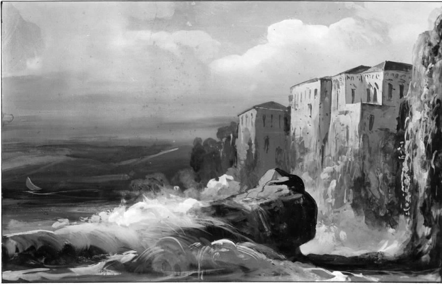 Borgo con mare in burrasca